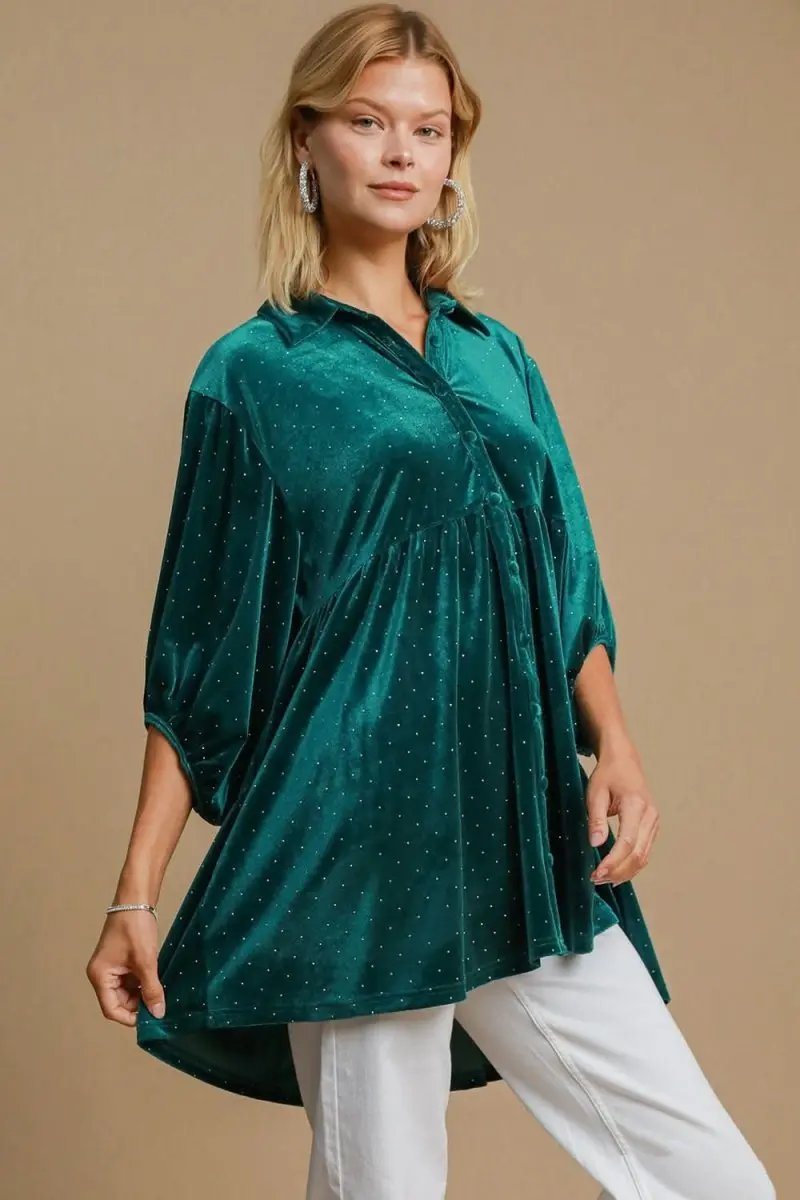 Polka Dot Button-Up Shirt with Collared Neckline by Umgee - Love Salve